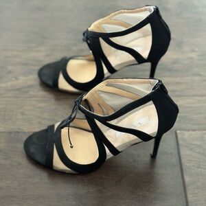 Nina Cherie Black and Nude Illusion Mesh Strappy Ankle Tie Sandal Heels Sz. 10M